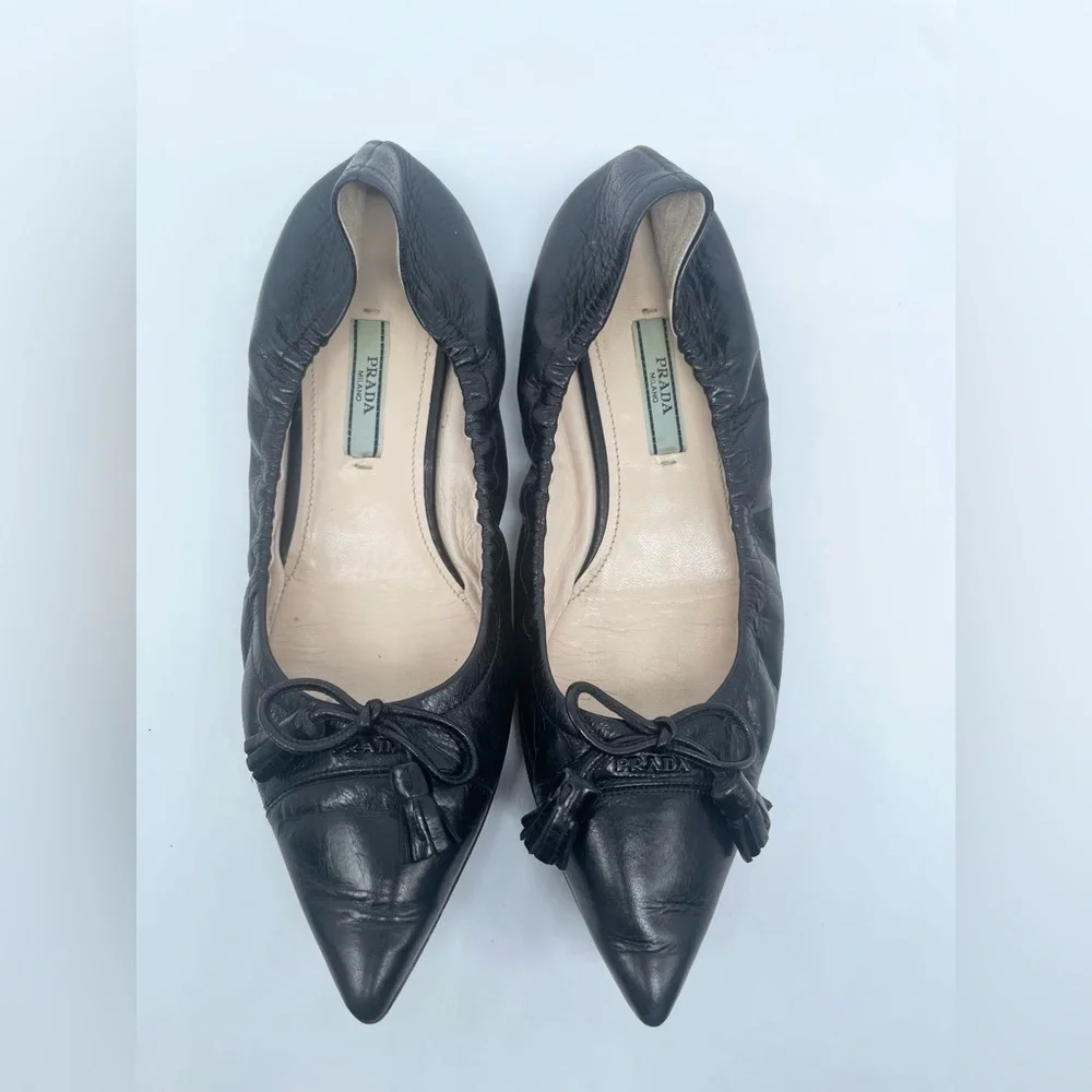 Prada Black Leather Cap toe logo embellish bow tie stretch ballerina flats EU 38